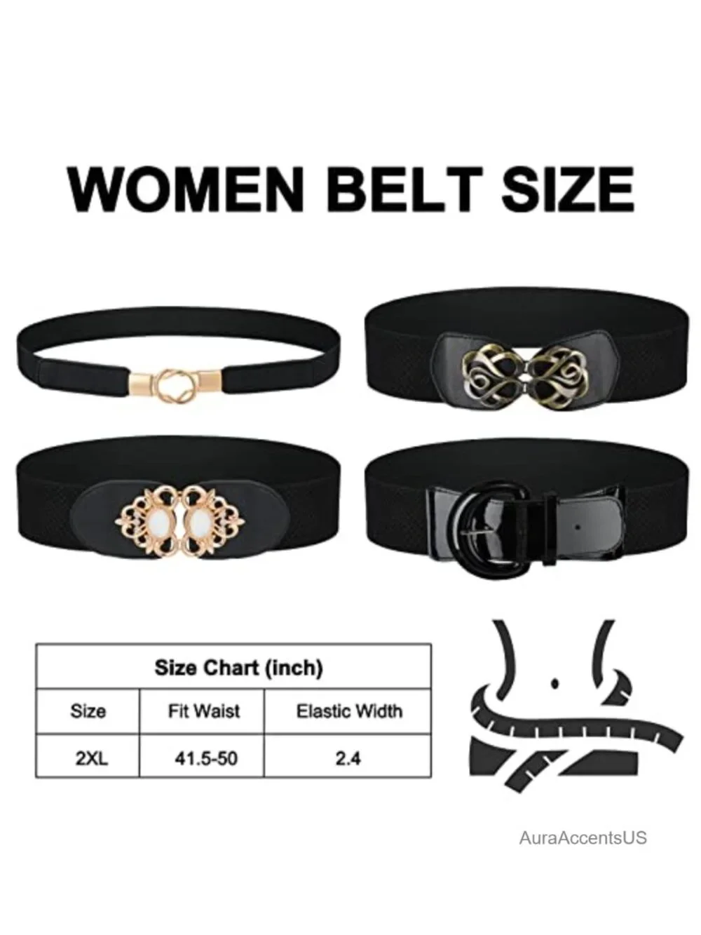 4 Stretchy Plus Size Waist Belts with Elastic Band Faux Leather Metal Buckle